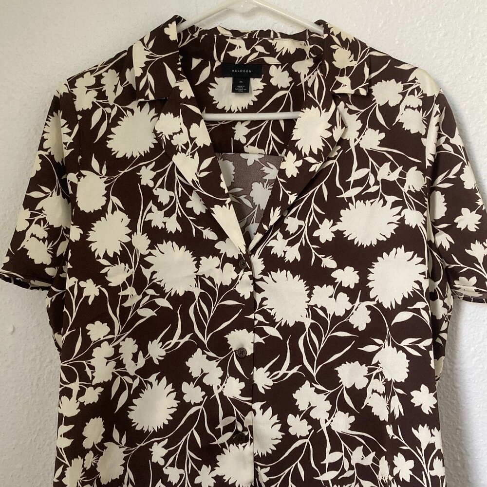 Silky Button Down Brown and Cream Floral Print Blouse